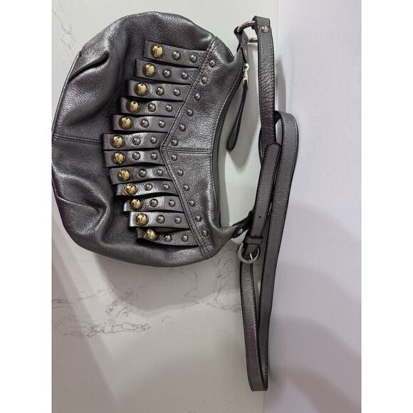 B. Makowsky Purse 100% Leather, Pewter Metallic, Metal Studs, Adjustable Strap - Picture 7 of 14